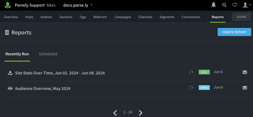 The reports page from the Parse.ly dashboard.